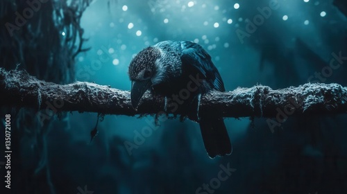 Solitary Bird Perched on a Mossy Branch in a Dark Mystical Forest with Ethereal Blue Light