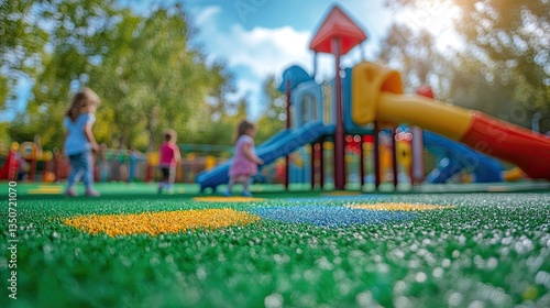 A sunny day with children playing on colorful playground equipment on artificial turf