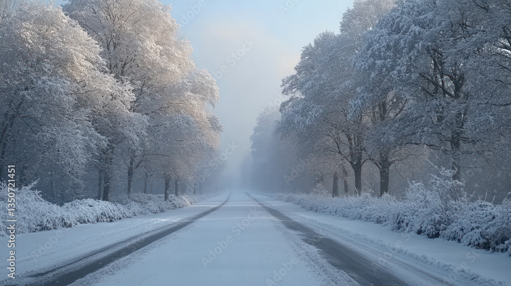 A snowy road with trees and bushes covered in snow, leading to a white van parked on the side of the road. A snowy road with trees and bushes covered in snow, leading to a white van parked on the side of the road.