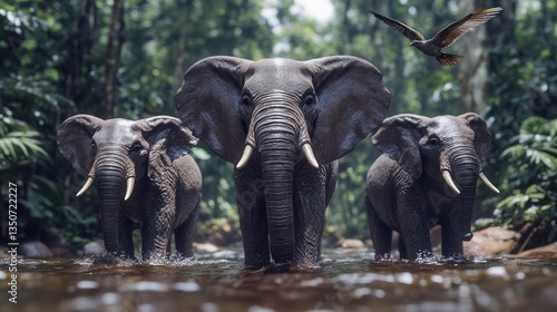 Three Elephants Wading Through Clear Water in a Lush Jungle Environment with a Bird Flying Above