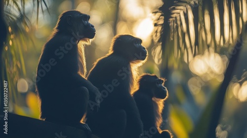 Three Monkeys Silhouetted Against a Glowing Sunset in a Lush Tropical Jungle