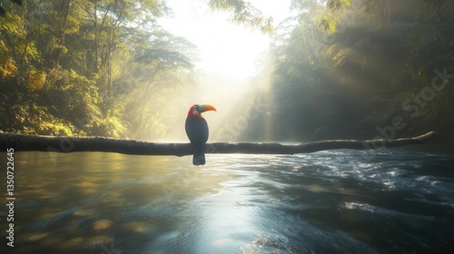 Toucan Perched on a Branch Overlooking a Calm River in a Lush Rainforest at Sunrise