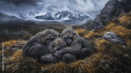 Two Apes Nestled Together Amidst Snow-Capped Mountains and Stormy Skies in a Cold Environment