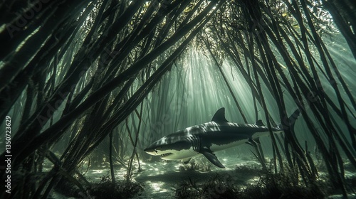 Underwater Scene Featuring a Shark Swimming through Mangrove Forest with Sunlight Streaming In