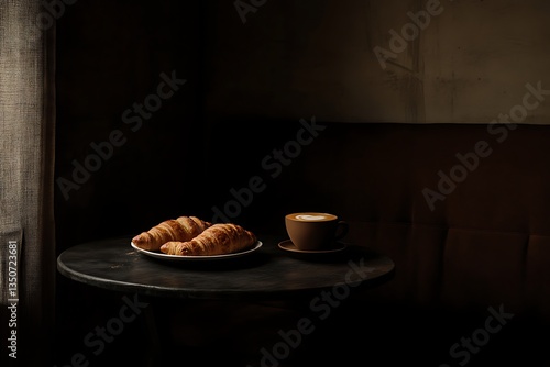 Moody Still Life: Croissants and Cappuccino on Dark Table