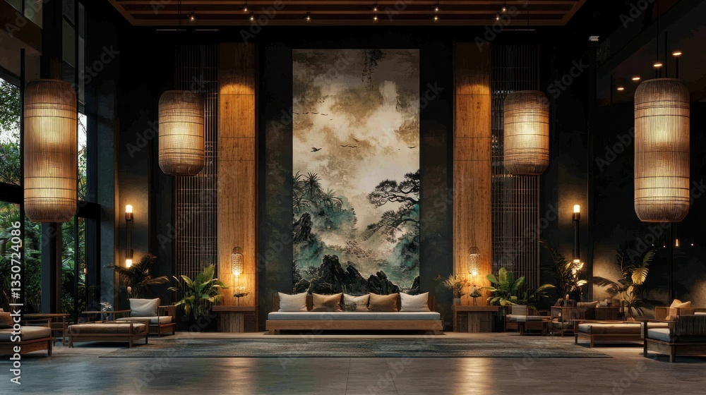 Obraz premium serene hotel lobby featuring asian inspired design elements with comfortable seating and calming nature artwork creates inviting atmosphere