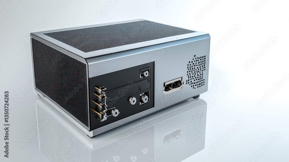 Fototapeta premium Modern silver media player with multiple ports and connectors on back, isolated on white background.