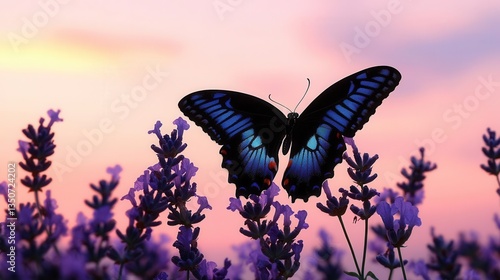 Vibrant Blue Butterfly Resting on Lavender Flowers Under a Soft Sunset Sky