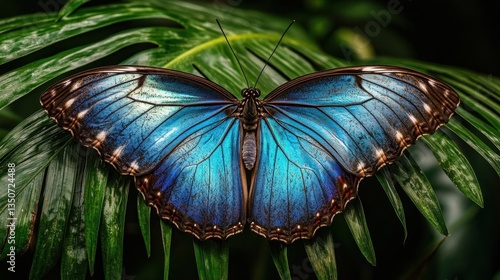 Vibrant Blue Morpho Butterfly Resting on Lush Green Leaves in a Tropical Environment