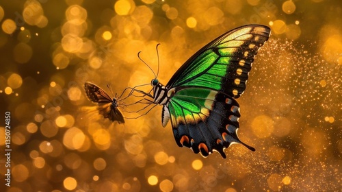 Vibrant Green Butterfly in Flight Against a Golden Bokeh Background with Another Insect Nearby