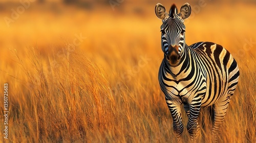 Zebra Grazing in Golden Grasslands Under Vibrant Sunset Sky in African Savanna