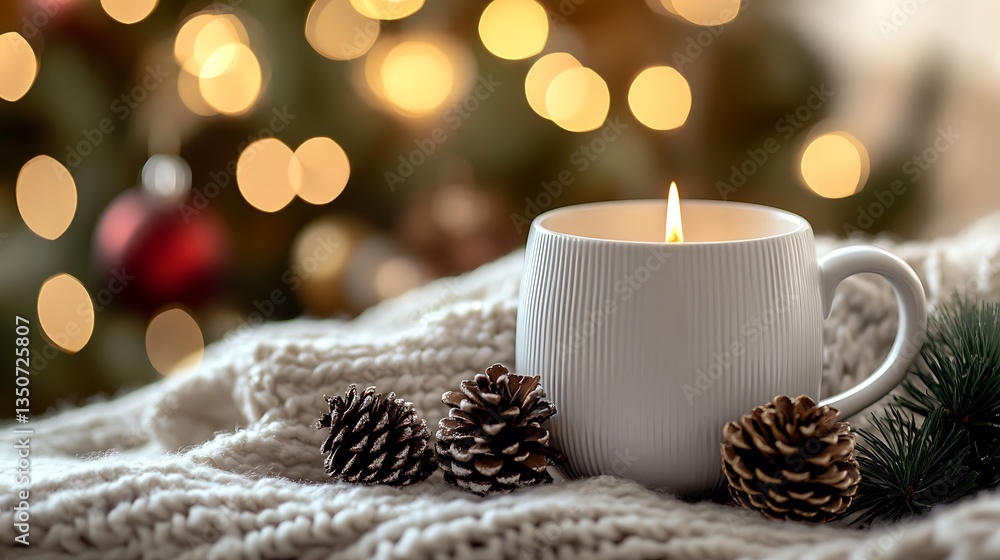 Cozy Winter Scene with Candle, Mug, and Pinecones on Knitted Blanket
Cozy Winter Scene with Candle, Mug, and Pinecones on Knitted Blanket