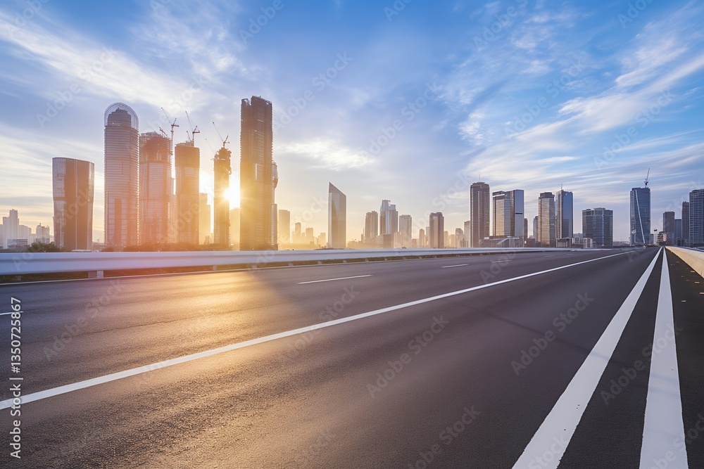 Obraz premium Golden Sunrise Over Modern Cityscape with Skyscrapers