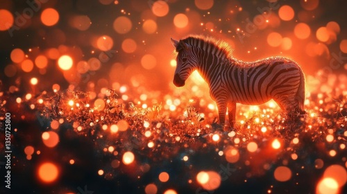 Zebra Silhouette Amidst Orange Bokeh Lights in a Dreamlike Natural Setting at Sunset