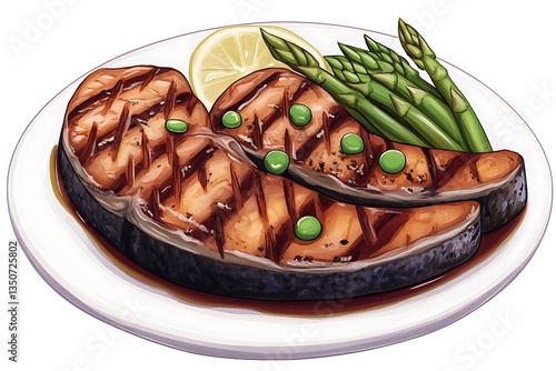 Grilled Salmon Steak with Asparagus and Lemon, Glazed in Rich Sauce