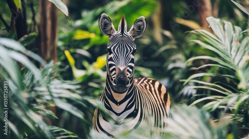 Zebra Standing Amidst Lush Greenery in Tropical Forest Surrounded by Dense Foliage