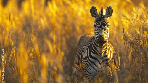 Zebra Standing Amidst Tall Golden Grass in African Savanna at Sunset