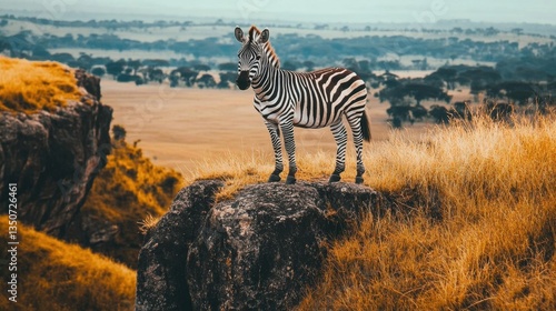 Zebra Standing majestically on a Rocky Outcrop in a Vibrant African Grassland Landscape