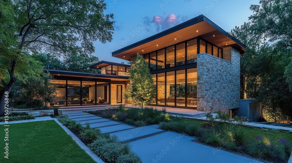 Modern stone house with large windows, landscaped garden, and walkway at dusk. Modern stone house with large windows, landscaped garden, and walkway at dusk.