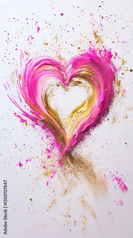 A heart made of a vivid pink and gold powder dust explosion on a white background A heart made of a vivid pink and gold powder dust explosion on a white background
