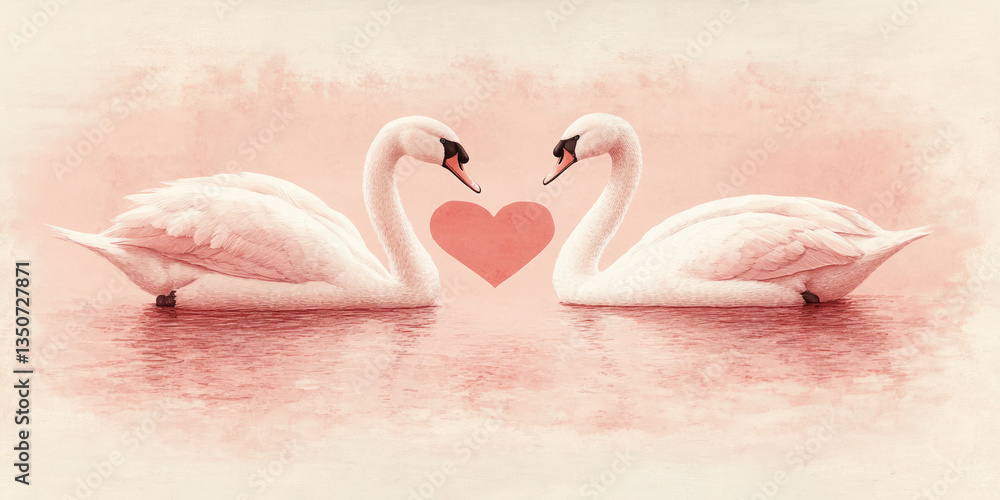 Fototapeta premium Two graceful swans,between their curved necks - heart shape for Valentine's Day cards,wedding invitations,as well as for websites and blogs dedicated to love,romance and nature.