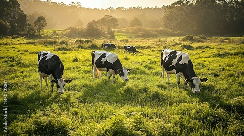 A herd of black and white cows grazing on a green pasture