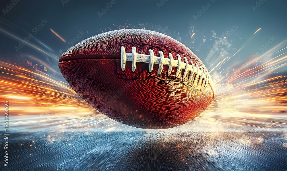 Dynamic football soaring through the air with explosive motion effects against a vibrant background Dynamic football soaring through the air with explosive motion effects against a vibrant background
