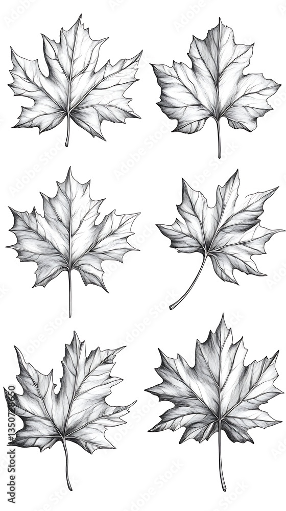 Set of Graphite Maple Leaves in Detailed Pencil Sketch for Botanical Illustration and Art Set of Graphite Maple Leaves in Detailed Pencil Sketch for Botanical Illustration and Art
