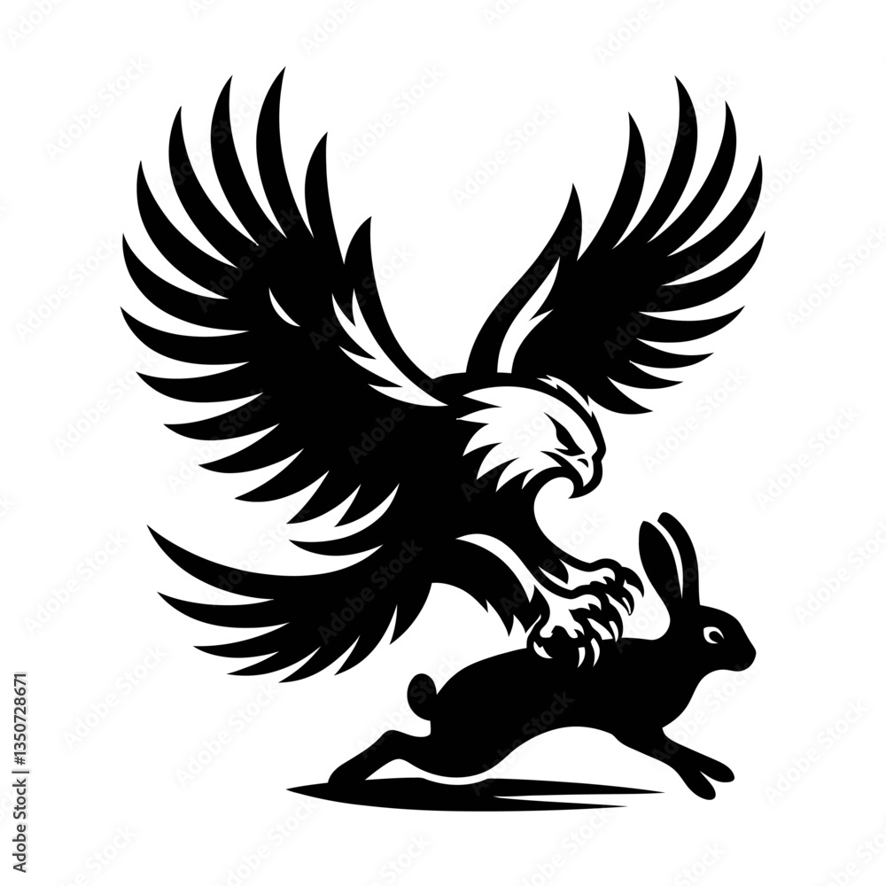 Obraz premium Eagle seizing rabbit in flight logo silhouette black color isolated white background