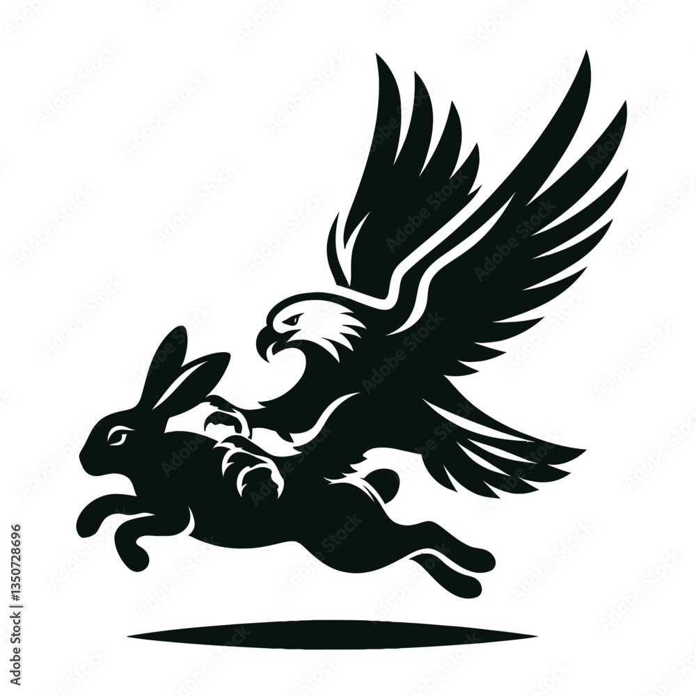 Obraz premium Eagle seizing rabbit in flight logo silhouette black color isolated white background