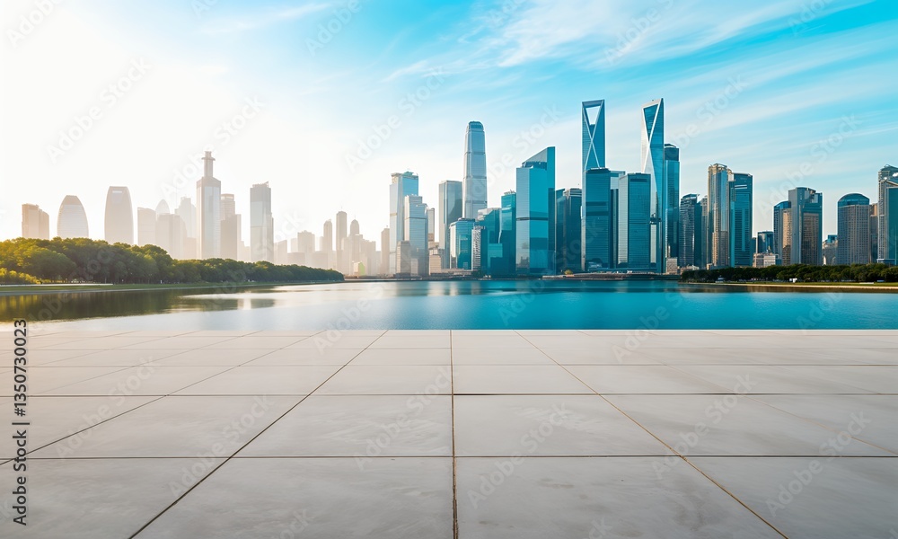Serene Urban Landscape with Skyscrapers and Water Reflection Serene Urban Landscape with Skyscrapers and Water Reflection