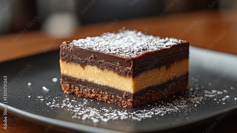 Nanaimo bar with its iconic layered structure of chocolate, custard, and coconut for food blogs, recipe websites, and bakery advertisements. It could also be used in articles about desserts, chocolat Nanaimo bar with its iconic layered structure of chocolate, custard, and coconut for food blogs, recipe websites, and bakery advertisements. It could also be used in articles about desserts, chocolat
