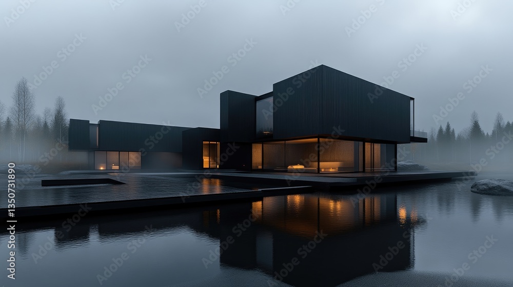 Fototapeta premium Modern, dark house on a foggy lake. Large, contemporary home with dark exterior, reflecting on calm water. Misty, tranquil scene