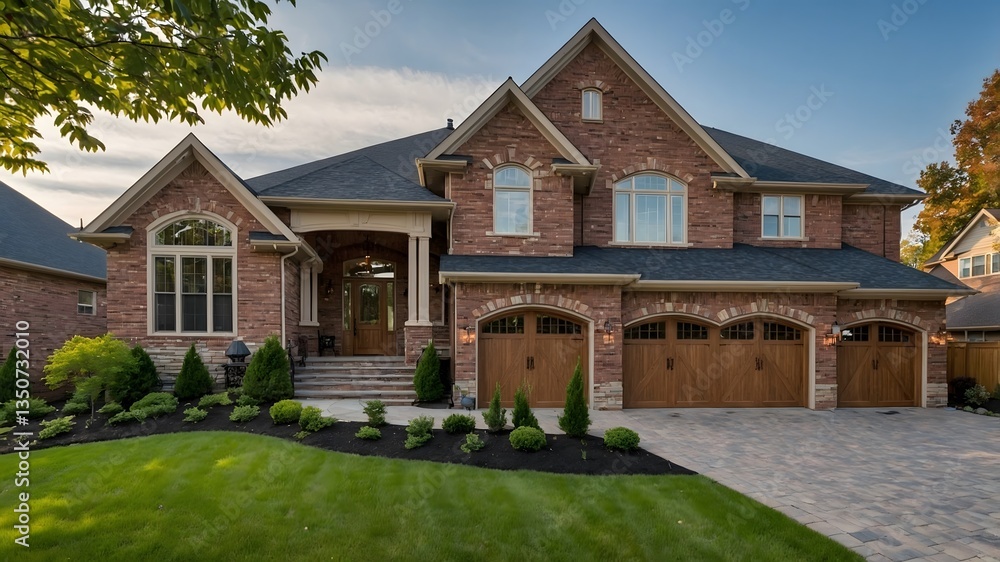 A beautiful house in a park-like setting with a garden and spacious yard, featuring a brick exterior, garage, and large windows, surrounded by lush grass and a clear sky A beautiful house in a park-like setting with a garden and spacious yard, featuring a brick exterior, garage, and large windows, surrounded by lush grass and a clear sky