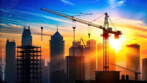 Wallpaper Mural Sunset Construction Site Silhouette, High Rise Buildings, Tower Crane, Cityscape, Blue Sky, Background, Copy Space, Real Estate, Development Torontodigital.ca