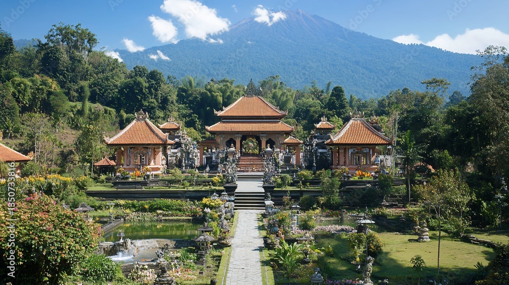 Naklejka premium Tropical temple garden, volcano backdrop, Bali