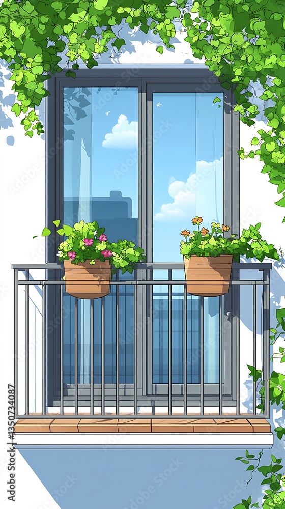 Fototapeta premium Tranquil Balcony View with Flowering Plants and Greenery Enhancing Urban Serenity Window Reflection