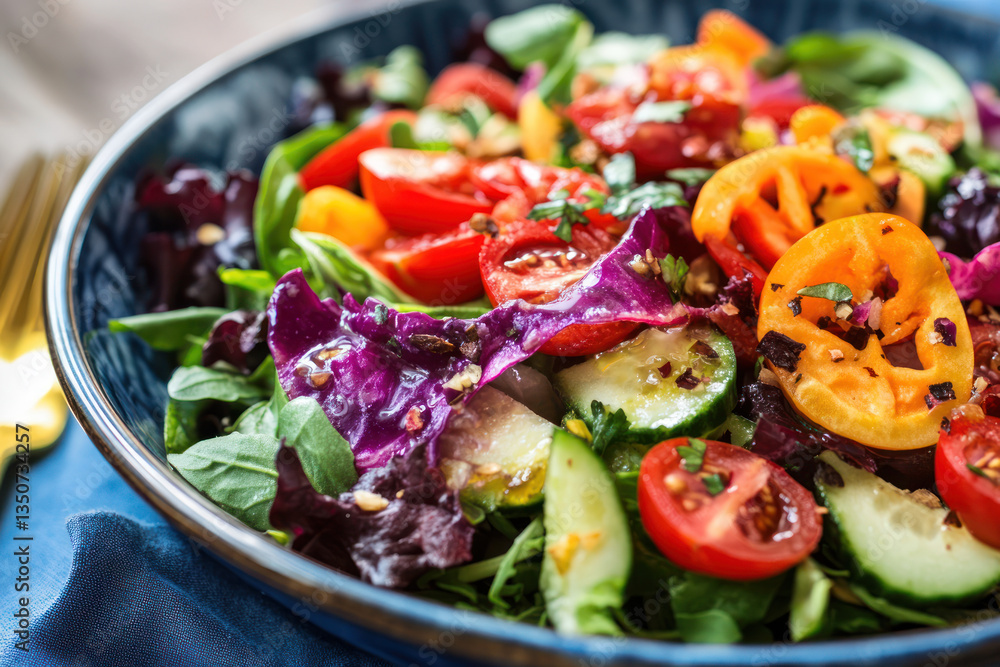 A vibrant salad with a variety of fresh vegetables including tomatoes, cucumbers, and lettuce A vibrant salad with a variety of fresh vegetables including tomatoes, cucumbers, and lettuce
