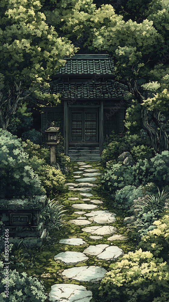 Tranquil Path to Ancient Temple Serene Forest Garden Stone Pathway Spiritual Sanctuary Destination View Tranquil Path to Ancient Temple Serene Forest Garden Stone Pathway Spiritual Sanctuary Destination View