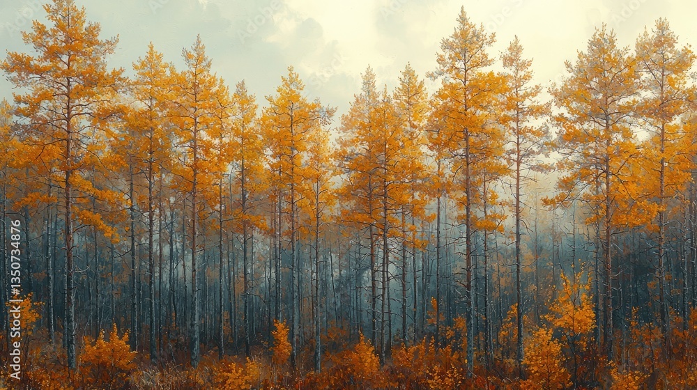 A serene autumn landscape featuring tall trees with golden foliage under a soft sky. A serene autumn landscape featuring tall trees with golden foliage under a soft sky.