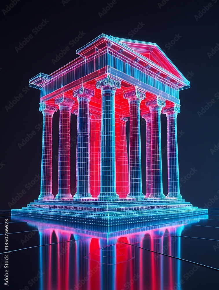 Fototapeta premium ** Futuristic digital banking concept with a neon-lit wireframe structure of a classical bank building. Symbolizing fintech, cryptocurrency, blockchain, financial technology, and virtual finance