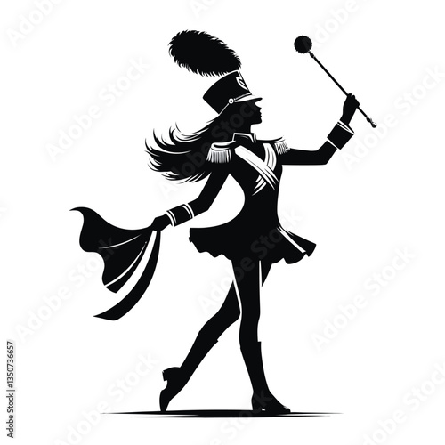 Marching band majorette with baton silhouette black color vector white background