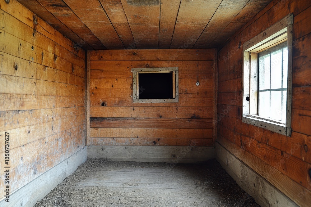 Fototapeta premium Interior view of an empty small wooden room with windows