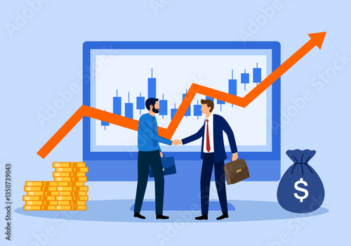 Big monitor with business graph. Businessmen shake hands after negotiations and good deal. Business development, new profitable project. Making money. Investor partnership.