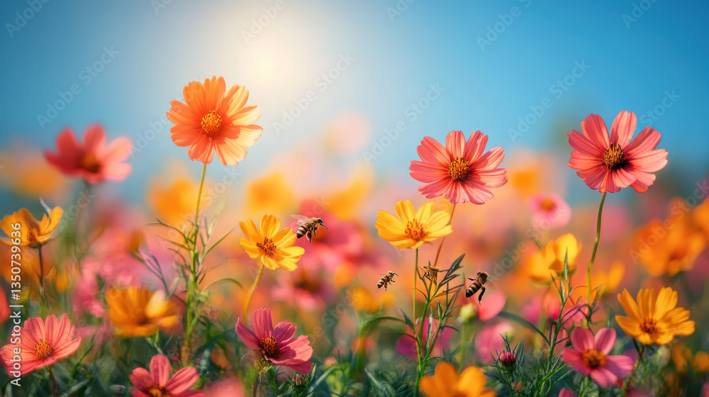 A vibrant flower field with orange, yellow, and pink flowers, surrounded by a sunny sky with a few scattered clouds, and bees buzzing around the flowers.