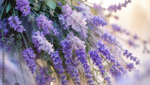 Lavender blooms with shades of purple in a sunny garden setting during the late afternoon