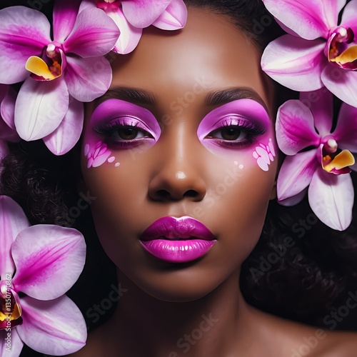 Black Woman with Orchid Makeup and Flowers