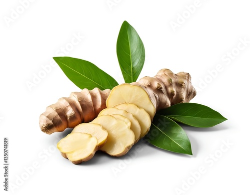 Fresh Ginger Root Slices with Leaves