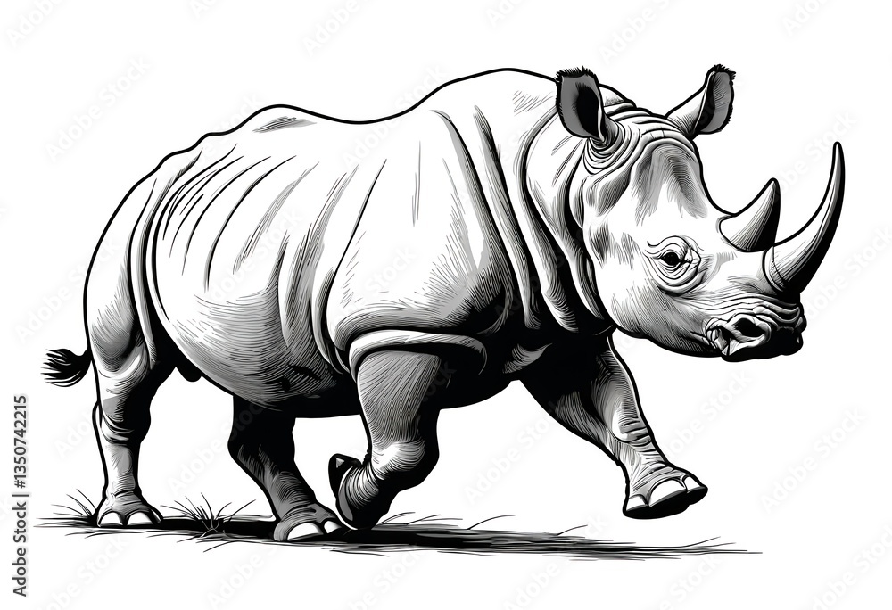 Fototapeta premium Charging Rhino Black and White Line Art