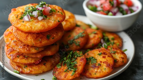 Chilean sopaipillas pebre sauce stacked fried rounds on a white ceramic dish overhead view